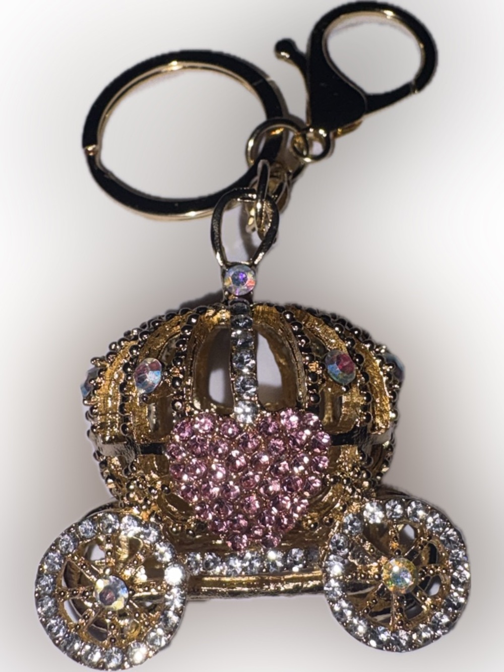 Gold & Pink Crown Carriage Crystal Keychain Bag Charm 3D - Picture 4 of 7
